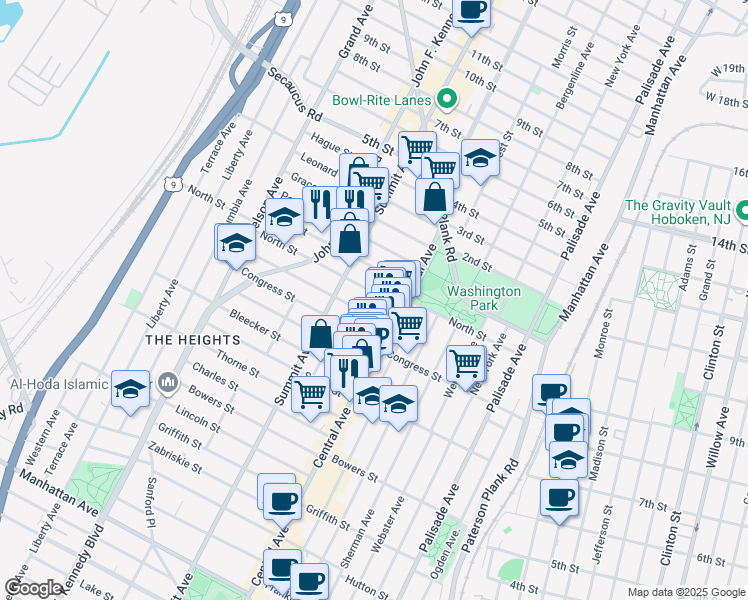 map of restaurants, bars, coffee shops, grocery stores, and more near 14 Graham Street in Jersey City