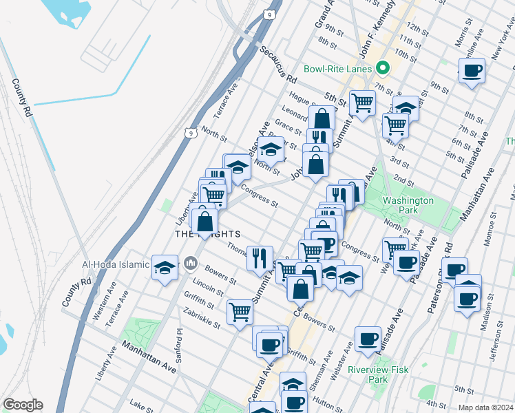 map of restaurants, bars, coffee shops, grocery stores, and more near 86 Paterson Street in Jersey City