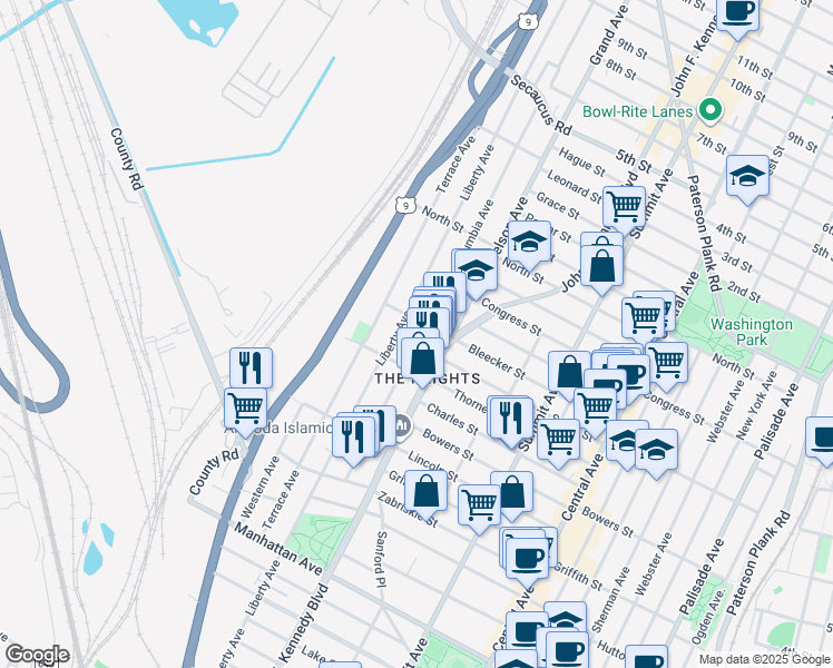 map of restaurants, bars, coffee shops, grocery stores, and more near 454 Liberty Avenue in Jersey City