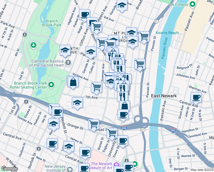 map of restaurants, bars, coffee shops, grocery stores, and more near 51 Summer Avenue in Newark