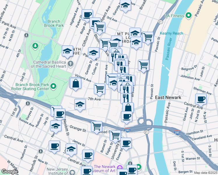 map of restaurants, bars, coffee shops, grocery stores, and more near 51 Summer Avenue in Newark