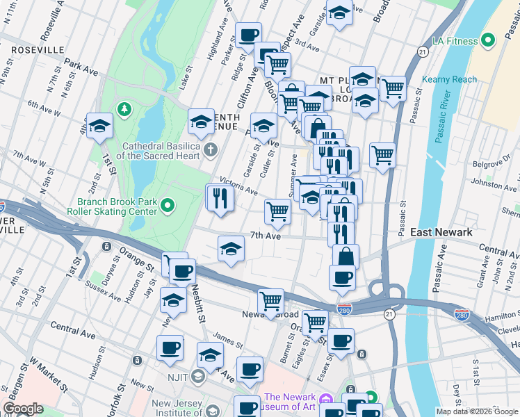 map of restaurants, bars, coffee shops, grocery stores, and more near 24a Stone Street in Newark
