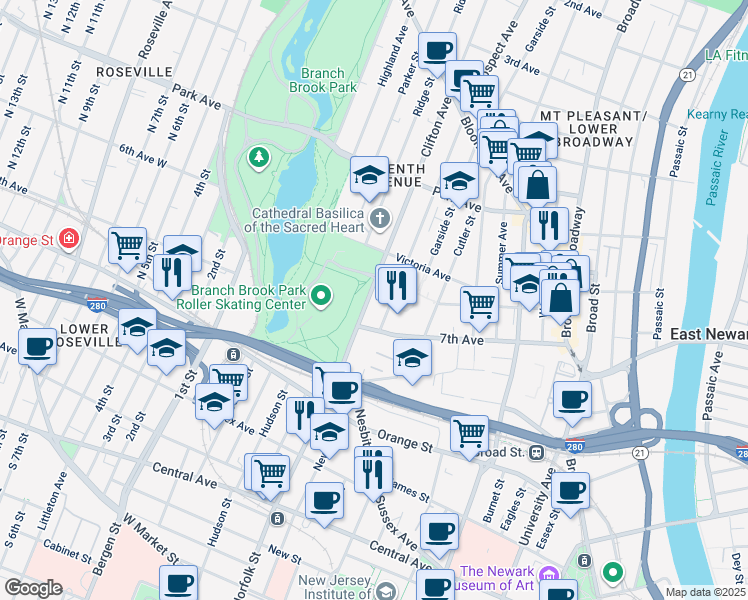 map of restaurants, bars, coffee shops, grocery stores, and more near in Newark