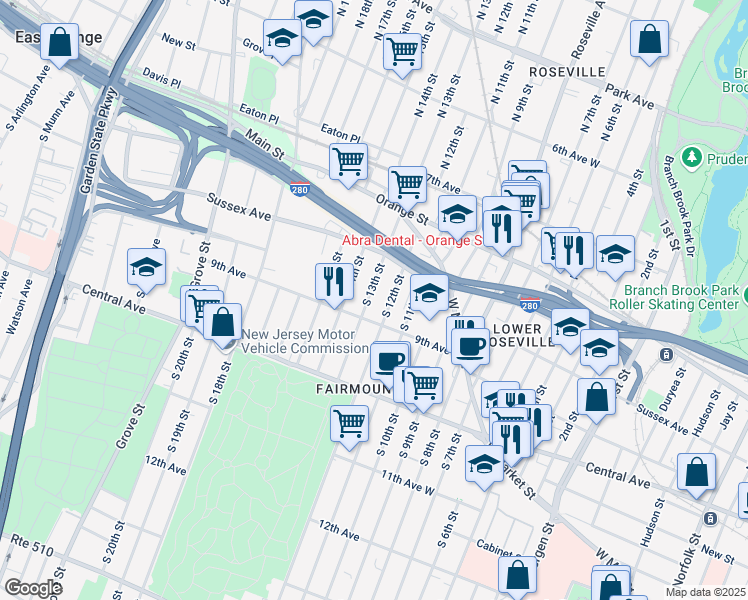 map of restaurants, bars, coffee shops, grocery stores, and more near 71 9th Avenue in Newark