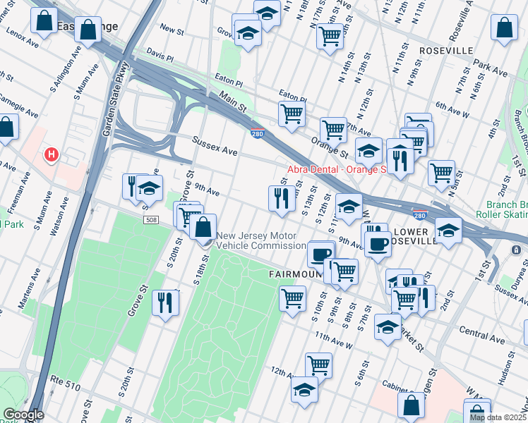 map of restaurants, bars, coffee shops, grocery stores, and more near 78 South 16th Street in East Orange