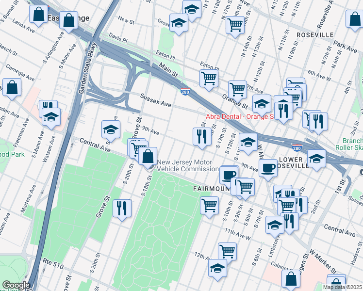 map of restaurants, bars, coffee shops, grocery stores, and more near 78 South 16th Street in East Orange
