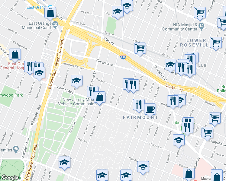 map of restaurants, bars, coffee shops, grocery stores, and more near 24 South 17th Street in East Orange
