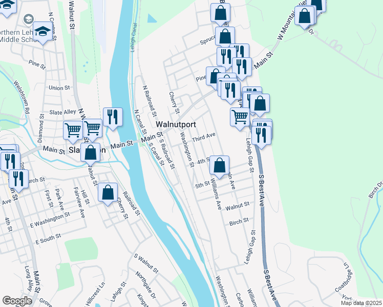 map of restaurants, bars, coffee shops, grocery stores, and more near 321 Washington Street in Walnutport