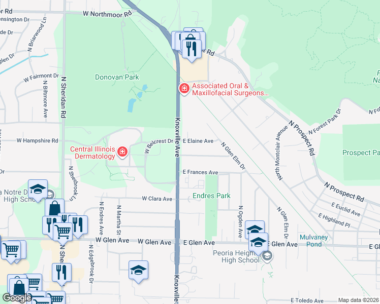 map of restaurants, bars, coffee shops, grocery stores, and more near 122 East Cherry Ridge Road in Peoria