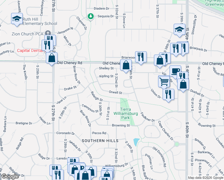 map of restaurants, bars, coffee shops, grocery stores, and more near 3141 Orwell Street in Lincoln