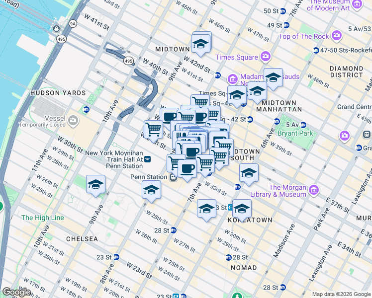 map of restaurants, bars, coffee shops, grocery stores, and more near 1 Pennsylvania Plaza in New York