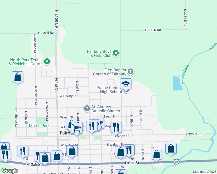 map of restaurants, bars, coffee shops, grocery stores, and more near 310 East Wanda Lane in Fairbury
