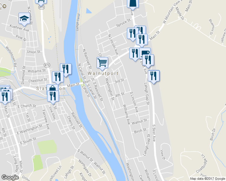 map of restaurants, bars, coffee shops, grocery stores, and more near 321 Washington Street in Walnutport