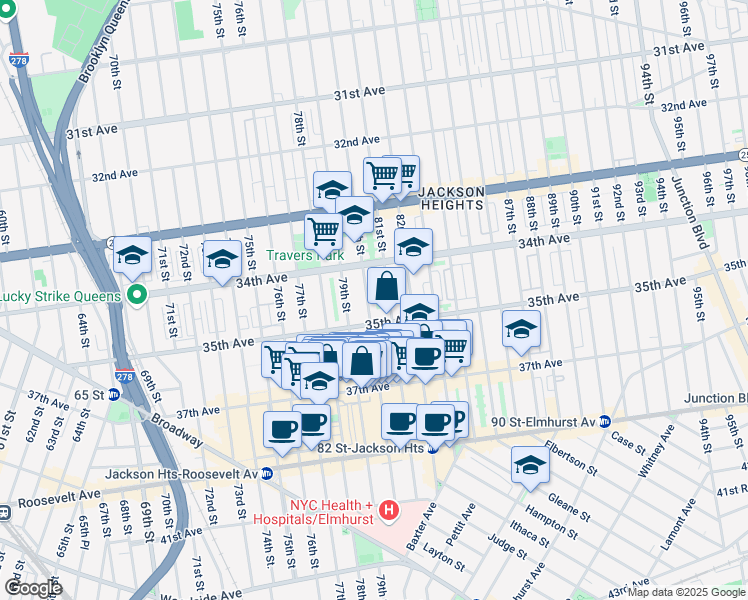 map of restaurants, bars, coffee shops, grocery stores, and more near in Queens