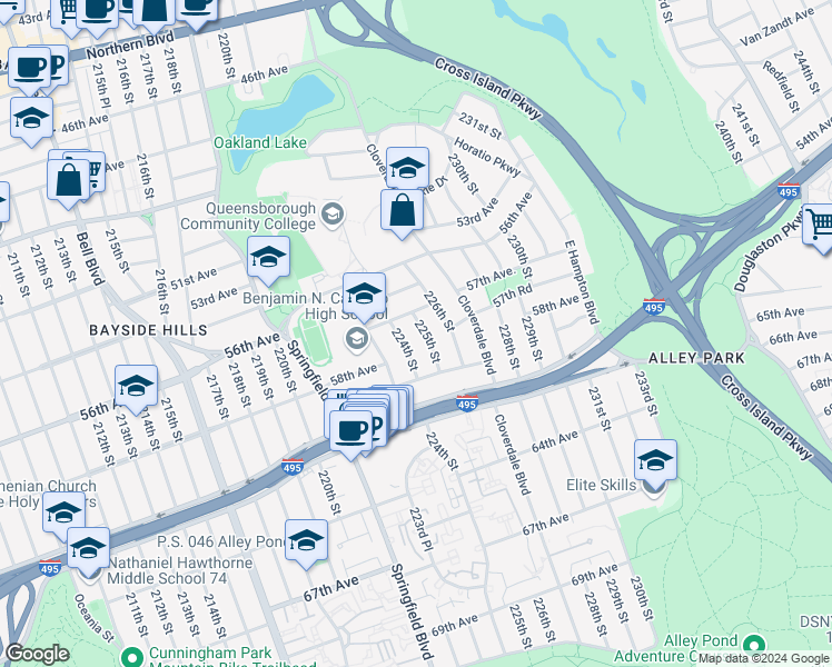 map of restaurants, bars, coffee shops, grocery stores, and more near 57-20 225th Street in Queens