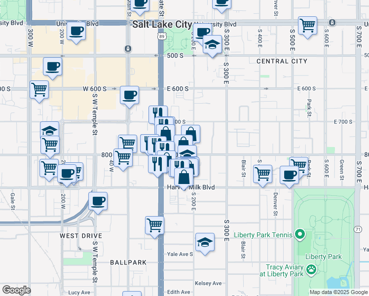 map of restaurants, bars, coffee shops, grocery stores, and more near 159 East 800 South in Salt Lake City