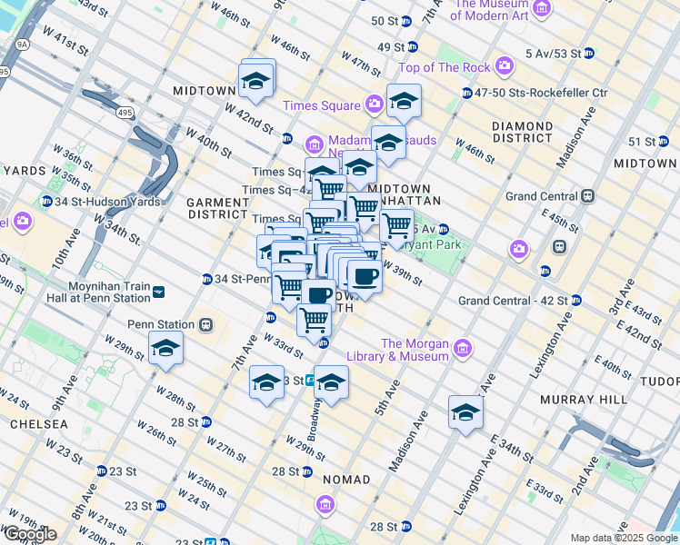 map of restaurants, bars, coffee shops, grocery stores, and more near 1372 Broadway in New York