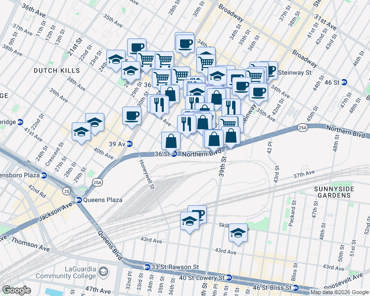 map of restaurants, bars, coffee shops, grocery stores, and more near 37-14 36th Street in Queens