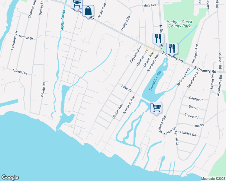 map of restaurants, bars, coffee shops, grocery stores, and more near Bayview Avenue in Patchogue