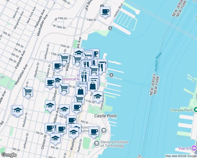 map of restaurants, bars, coffee shops, grocery stores, and more near Bernard McFeeley Shipyard Lane in Hoboken