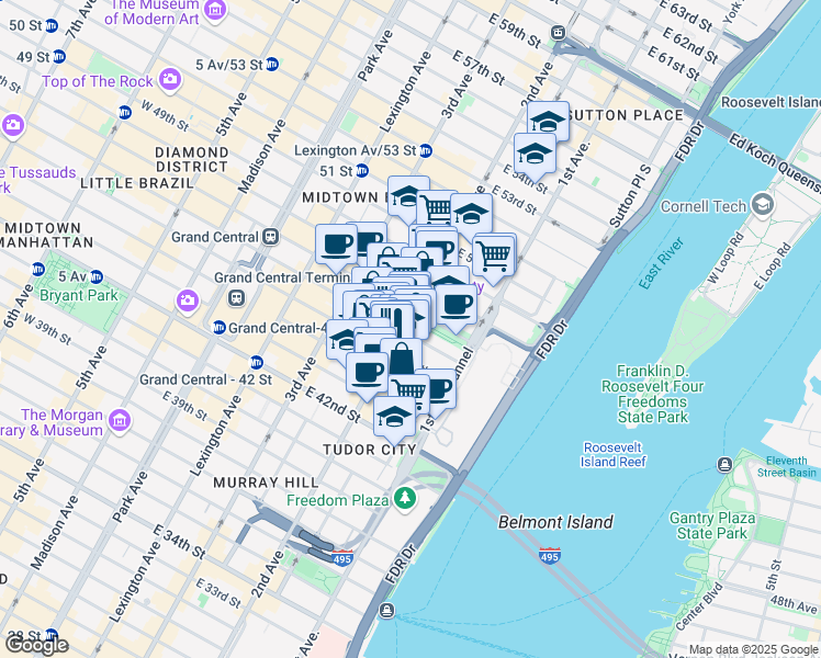 map of restaurants, bars, coffee shops, grocery stores, and more near 864 2nd Avenue in New York