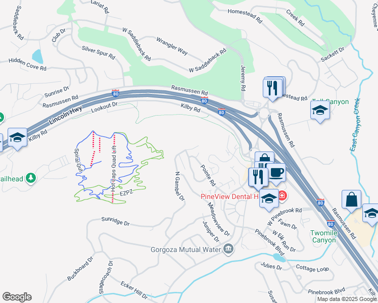 map of restaurants, bars, coffee shops, grocery stores, and more near 3465 West Cedar Drive in Park City