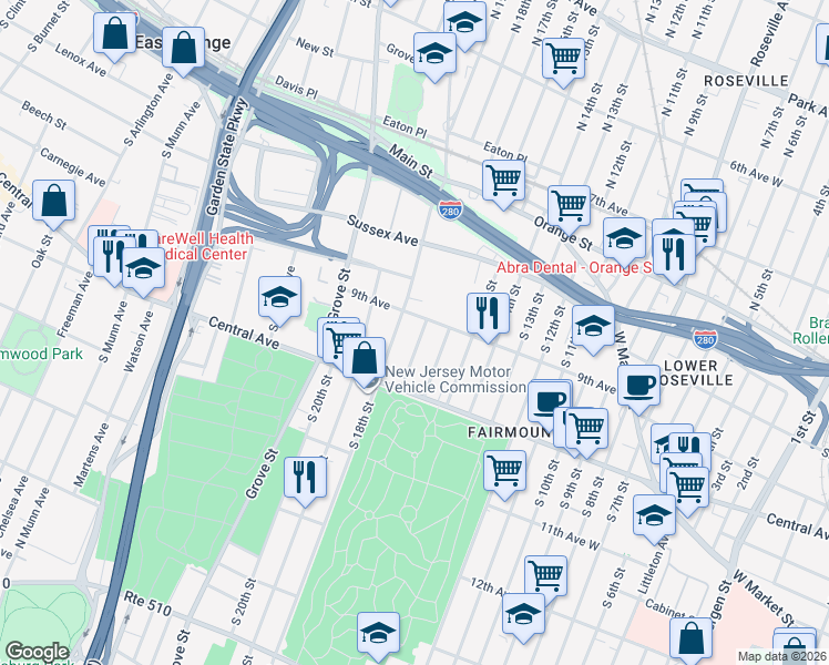 map of restaurants, bars, coffee shops, grocery stores, and more near 24 South 17th Street in East Orange
