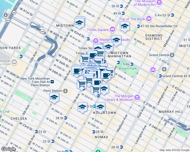 map of restaurants, bars, coffee shops, grocery stores, and more near 481-499 Fashion Avenue in New York