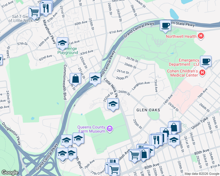 map of restaurants, bars, coffee shops, grocery stores, and more near 70-8 252nd Street in Queens