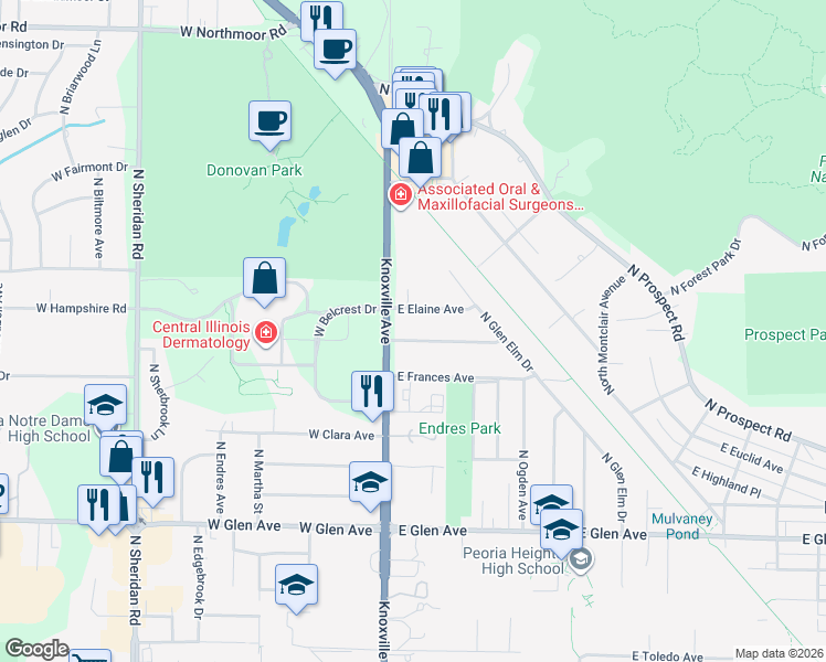 map of restaurants, bars, coffee shops, grocery stores, and more near 122 East Cherry Ridge Road in Peoria