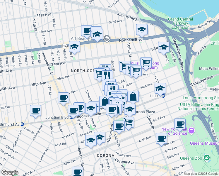 map of restaurants, bars, coffee shops, grocery stores, and more near 37-54 104th Street in Queens