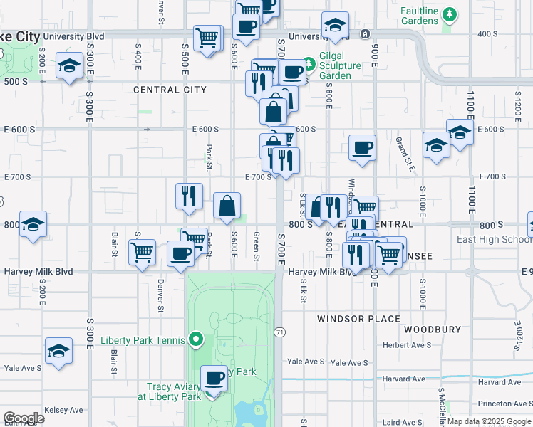map of restaurants, bars, coffee shops, grocery stores, and more near 659 800 South in Salt Lake City