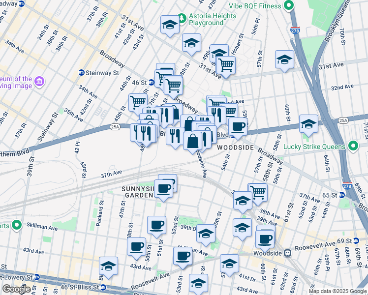 map of restaurants, bars, coffee shops, grocery stores, and more near 33-24 Woodside Avenue in Queens