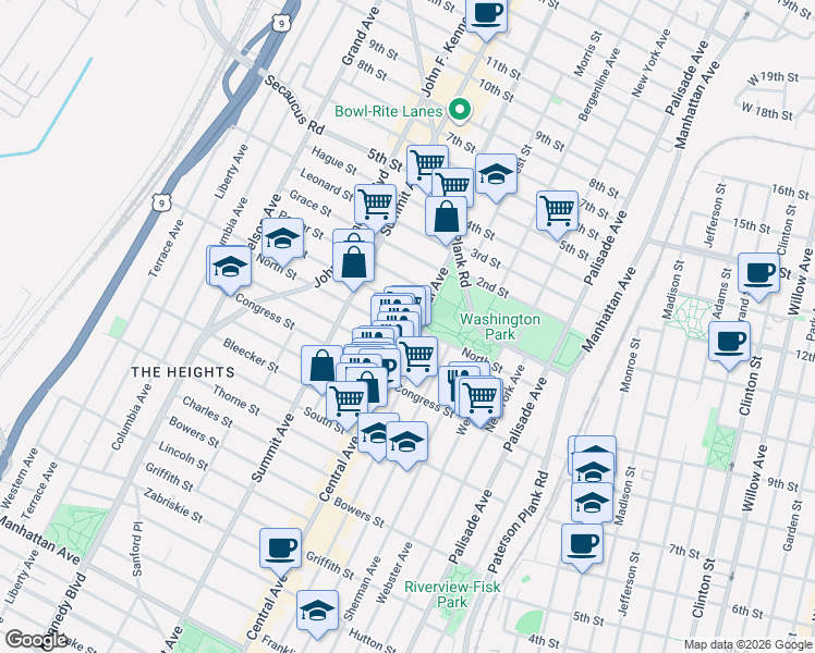 map of restaurants, bars, coffee shops, grocery stores, and more near in Jersey City
