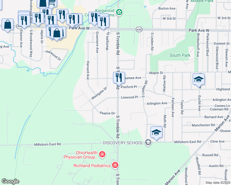 map of restaurants, bars, coffee shops, grocery stores, and more near 1016 Linwood Place in Mansfield
