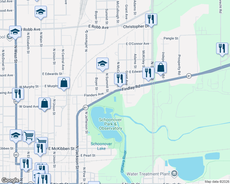 map of restaurants, bars, coffee shops, grocery stores, and more near 592 Findlay Road in Lima