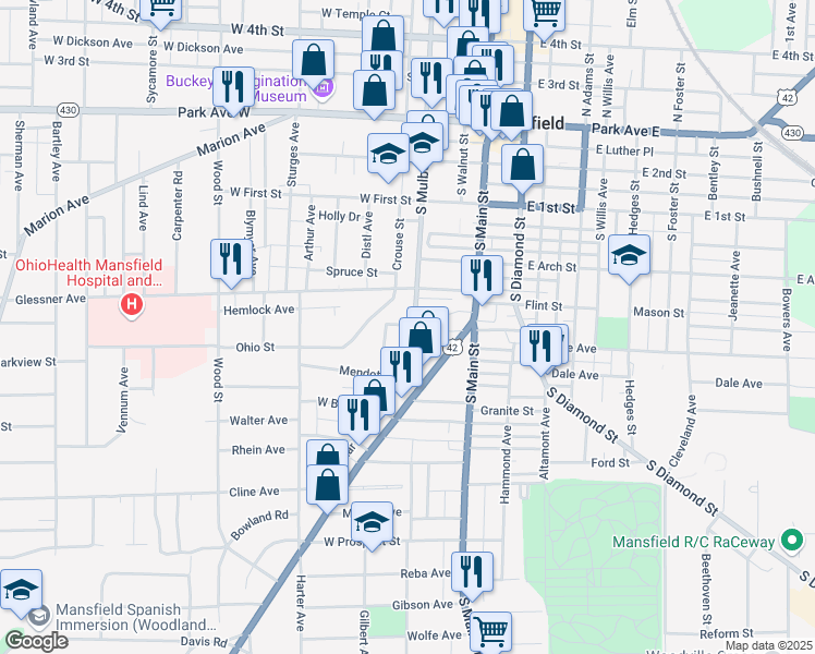 map of restaurants, bars, coffee shops, grocery stores, and more near 224 South Mulberry Street in Mansfield