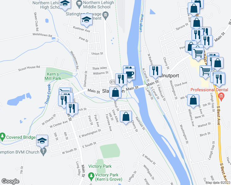 map of restaurants, bars, coffee shops, grocery stores, and more near 139 Main Street in Slatington