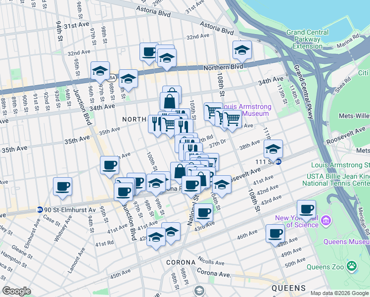 map of restaurants, bars, coffee shops, grocery stores, and more near 37-39 102nd Street in Queens