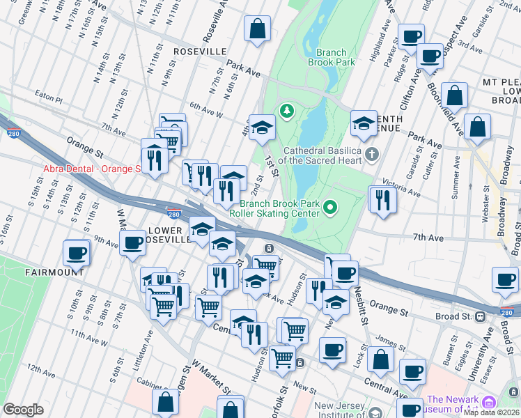 map of restaurants, bars, coffee shops, grocery stores, and more near 182 1st Street in Newark
