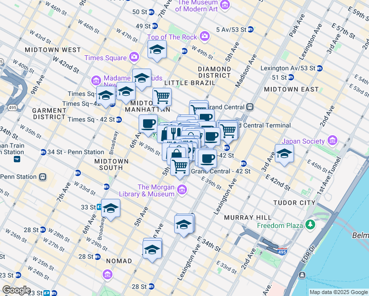 map of restaurants, bars, coffee shops, grocery stores, and more near 475 5th Avenue in New York