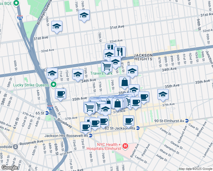 map of restaurants, bars, coffee shops, grocery stores, and more near 34-40 78th Street in Queens
