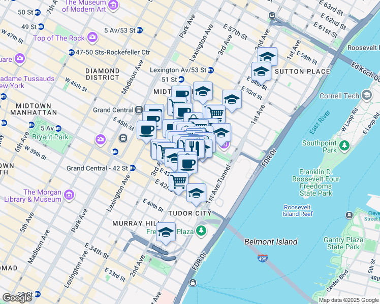 map of restaurants, bars, coffee shops, grocery stores, and more near 240 East 46th Street in New York