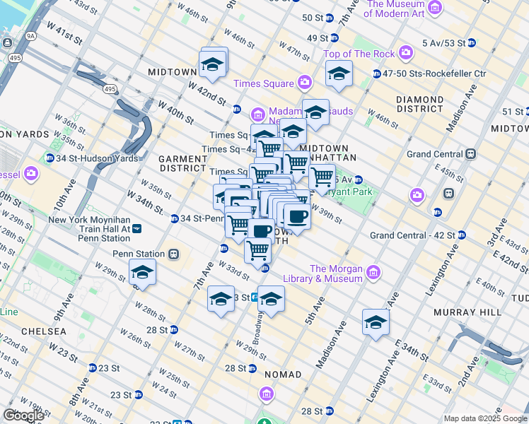 map of restaurants, bars, coffee shops, grocery stores, and more near 112 West 37th Street in New York
