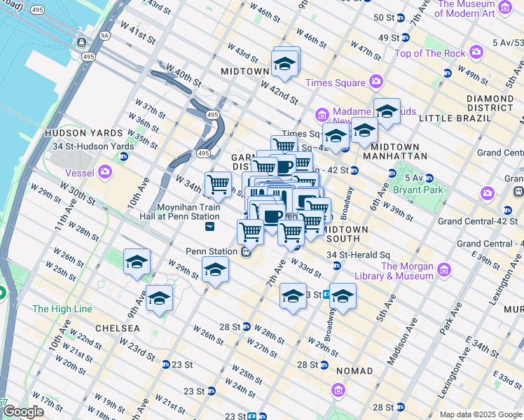 map of restaurants, bars, coffee shops, grocery stores, and more near 1 Pennsylvania Plaza in New York