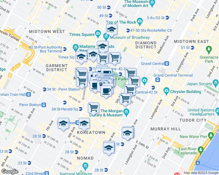map of restaurants, bars, coffee shops, grocery stores, and more near 25 West 39th Street in New York