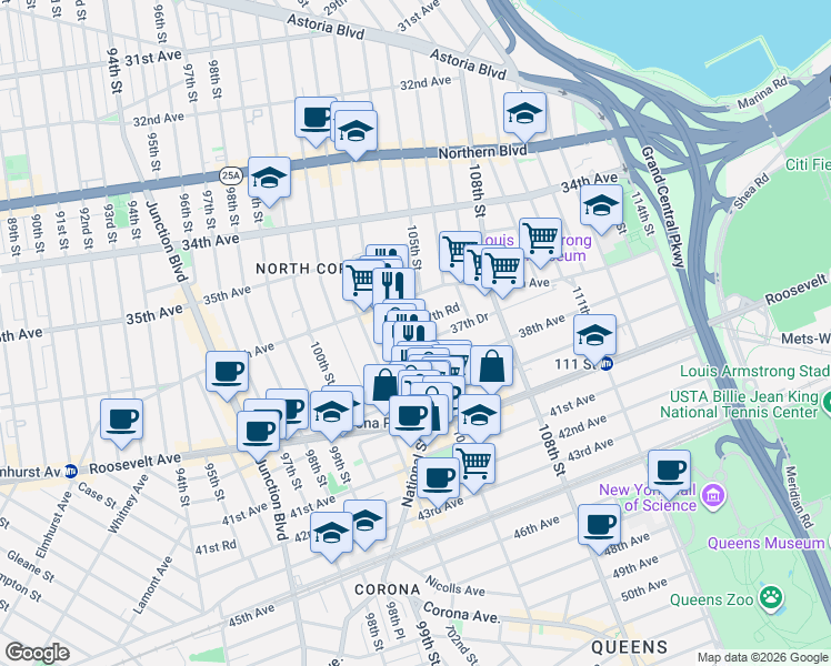 map of restaurants, bars, coffee shops, grocery stores, and more near 37-54 104th Street in Queens