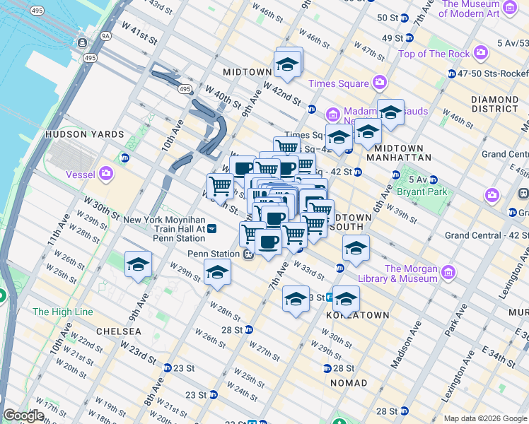 map of restaurants, bars, coffee shops, grocery stores, and more near in New York