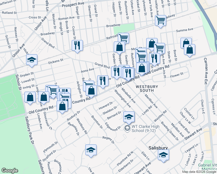 map of restaurants, bars, coffee shops, grocery stores, and more near 800 Old Country Road in Westbury