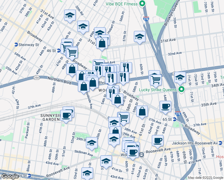 map of restaurants, bars, coffee shops, grocery stores, and more near 33-48 55th Street in Queens